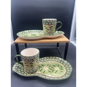 2 Sets of Temptations By Tara Old World Green Mug & Sandwich Snack Tray Plates